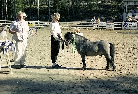 Tämä kuva on otettu "silloin joskus". Kun kuvaaja Leena Kahisaarikaan ei ole vuodesta ihan varma. Mutta voitettu on jotakin, Kirsi Lehtonen pitelee palkintolautasta ja Lotta Lehtonen esittelee.