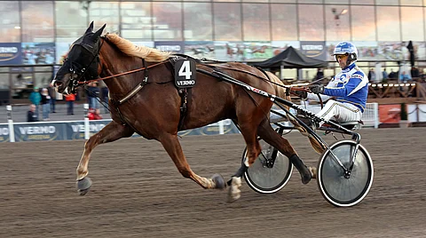 Esa Holopainen ajoi illan aikana kaksi Toto65-voittoa. Tässä hollolalainen naruttelee Mergeliä.