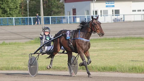 Opiskelija Emma Tuononen ja opetushevonen Make A Dream H.C. Kaustisen 20.6. toto-ravien kolmossijan jälkeen.