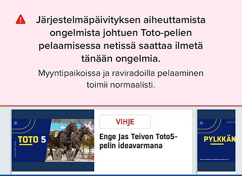 Toto-sivuston toimivuus edelleen epävarmaa – ”Vielä on töitä jäljellä, että pystyisi sanomaan iltapäivän ja illan menevän hyvin”