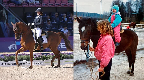 Emma Kanervan matka ensimmäisistä ratsastuskerroista arvokisa-areenoille. Oikealla ensimmäisiä kertoja hevosen selässä, vasemmalla MM-kilpailuissa 2022 Herningissä hevosella Greek Air.