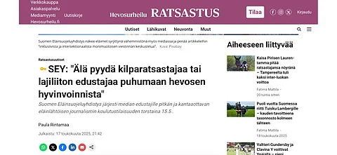 SEY lähetti vastineen koskien Hevosurheilu Ratsastuksessa lauantaina 17.5. julkaistua artikkelia.