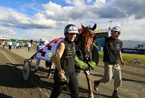 Jutta Ihalaisen ja Antti Ojanperän Joensuun seppelöinnistä saattelema Jokivarren Kunkku juoksi lähes 190 000 euron vuosiansiot. Kuva: Jarno Unkuri