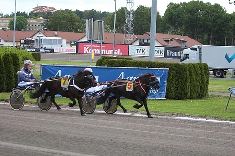 Mini-Elitloppetin loppusuoran taisto käytiin sinikeltaisissa väreissä. Emmeros Fantasia (5) piti keulan loppuun asti.