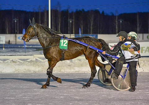 Jari Hietala ja Ville Pohjola Omega Leaderin kyydissä voiton jälkeen.