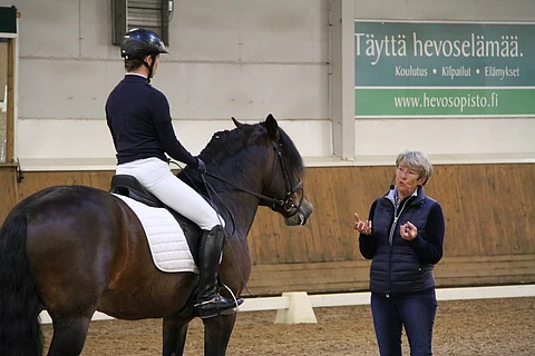 Kyrklund opettamassa suomenhevosta ja ja hevosalan ammattilaisten opettajaa Ypäjällä reilu vuosi sitten.