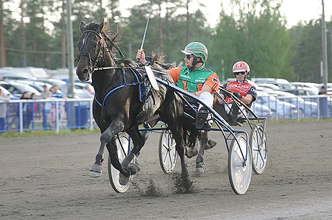 Antti Tupamäki ehti tuuletella arvovoittoa rauhassa, sillä Santtu Raitalan kuskaama Mr Golden Quick pysyi turvallisen välimatkan päässä.