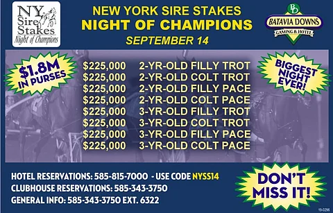 Rahakkaat New York Sire Stakesit osavaltiossa vaikuttavien siitosoriiden jälkeläisille huipentuvat Batavian finaaleihin. (Kuva: Batavia Downs)