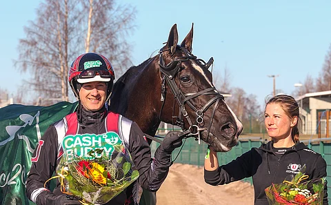 Johan Untersteinerin valmentama ja Amanda Höynän hoitama tuore Seinäjoki Race –sankaritar Dear Friend on voittanut yli kolmanneksen kilpailuistaan ja juossut kovimmillaan tuloksen 10,4a. Kuva: Anu Leppänen.