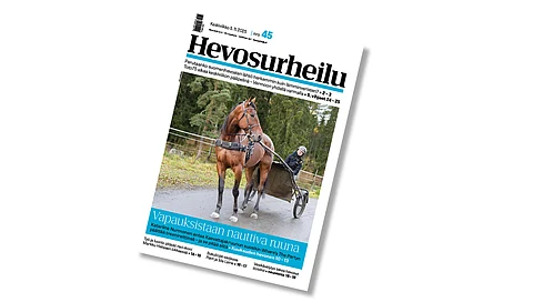 Hevosurheilun kansikuvahevosena on Where's The Party rattaillaan Katariina Nurmonen.